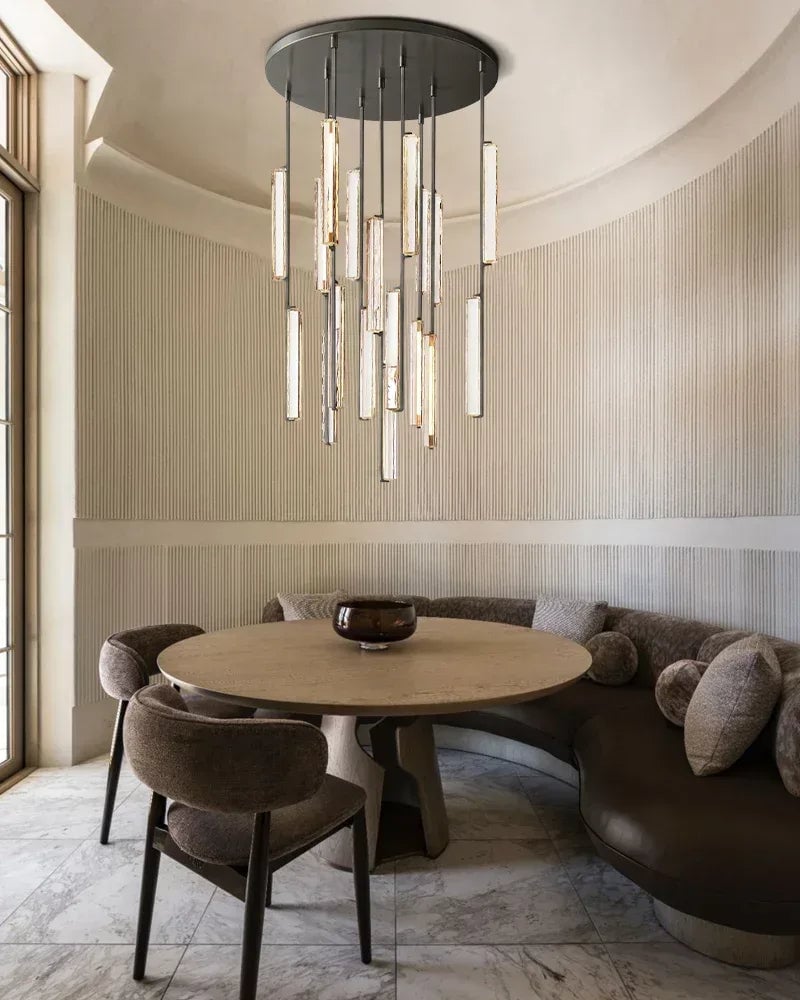 Valence Series Architectural Linear Chandelier | Vertical Prism Meticulously crafted clear prisms and vertical brass drops, Warm Brass and Black finish for Dining Rooms and Kitchen Islands American chandelier