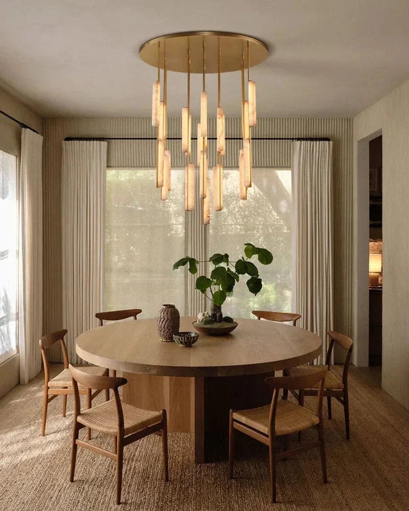 Valence Series Architectural Pendant Light | Vertical Linear Raw Veined Alabaster and Lacquered Burnished Brass, Lacquered Burnished Brass and Black Rod for Dining Rooms and Gallery Spaces American Vintage chandelier lamp