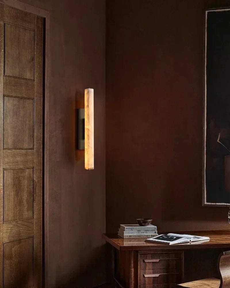 Valence Series Architectural Wall Sconce | Vertical Linear Sleek Brass and Raw Veined Alabaster, Burnished Brass and Black for Modern Living Rooms and Hallways Flush Mounted Wall Sconce Lamp