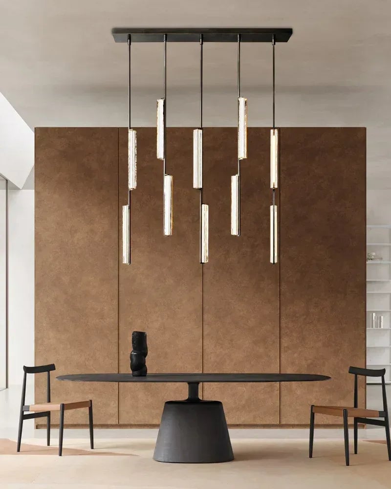 Valence Series Prismatic Chandelier | Vertical Brass Drops Meticulously crafted clear prisms and structural brass, Warm metallic brass finish for Dining Rooms and Living Areas American chandelier