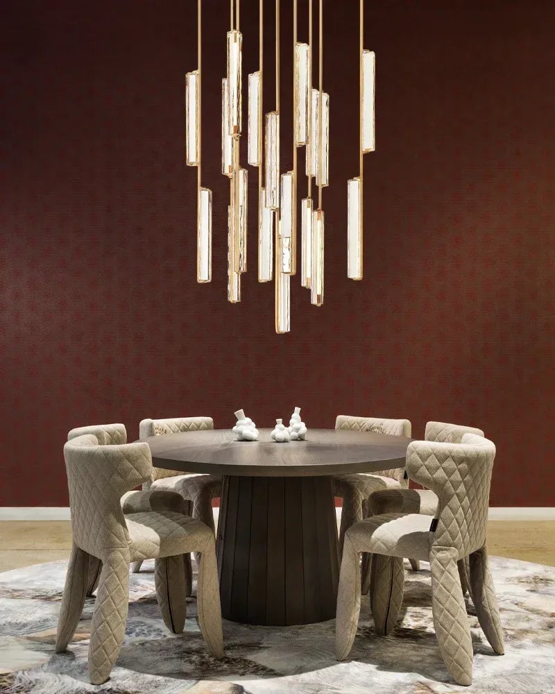 Valence Series Prismatic Chandelier | Vertical Brass Drops Meticulously crafted clear prisms and structural brass, Warm metallic brass finish for Dining Rooms and Living Areas American chandelier