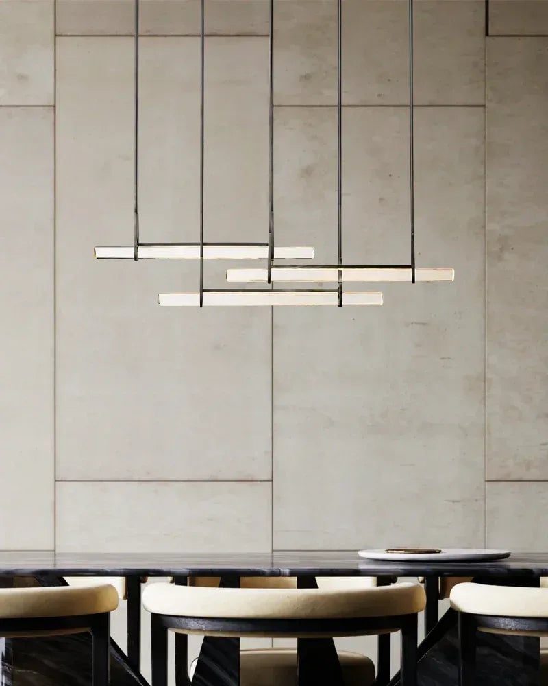 Valence Series Prismatic Chandelier | Vertical Brass Drops Meticulously crafted clear prisms and structural brass, Warm metallic brass finish for Dining Rooms and Living Areas American chandelier