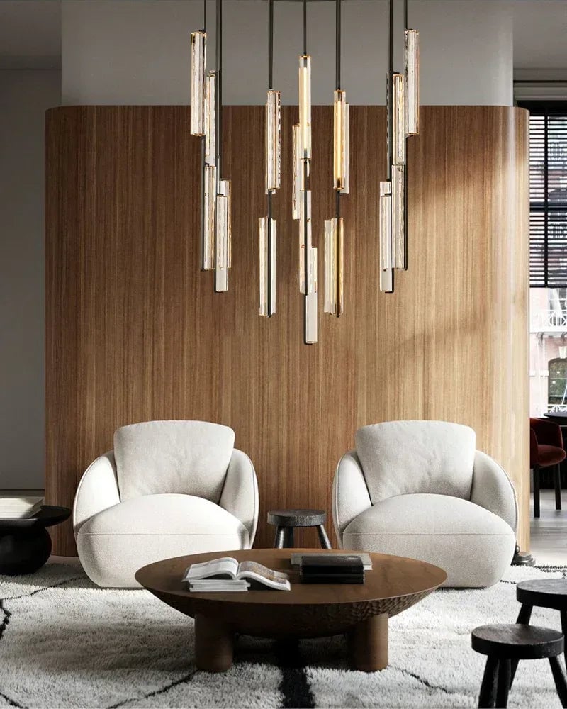 Valence Series Prismatic Chandelier | Vertical Brass Drops Meticulously crafted clear prisms and structural brass, Warm metallic brass finish for Dining Rooms and Living Areas American chandelier