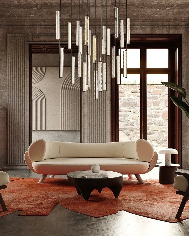 Valence Series Prismatic Chandelier | Vertical Brass Drops Meticulously crafted clear prisms and structural brass, Warm metallic brass finish for Dining Rooms and Living Areas American chandelier