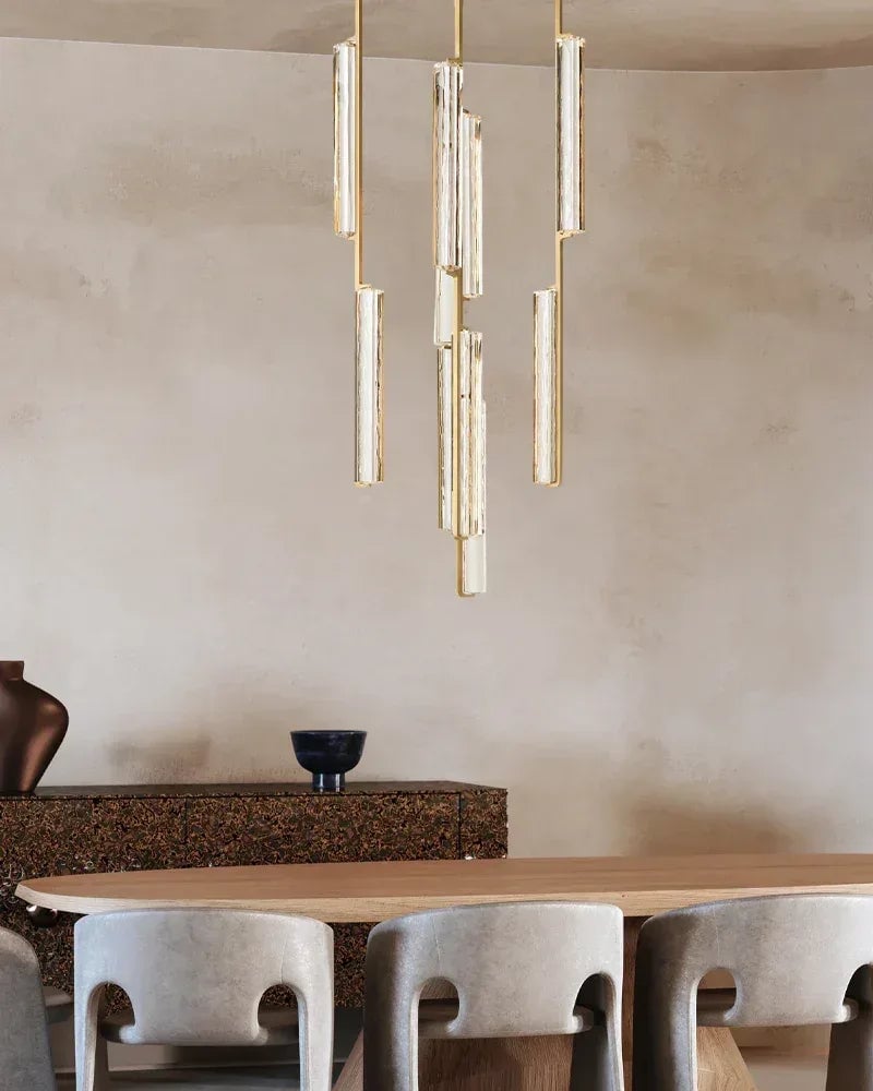 Valence Series Prismatic Chandelier | Vertical Brass Drops Meticulously crafted clear prisms and structural brass, Warm metallic brass finish for Dining Rooms and Living Areas American chandelier