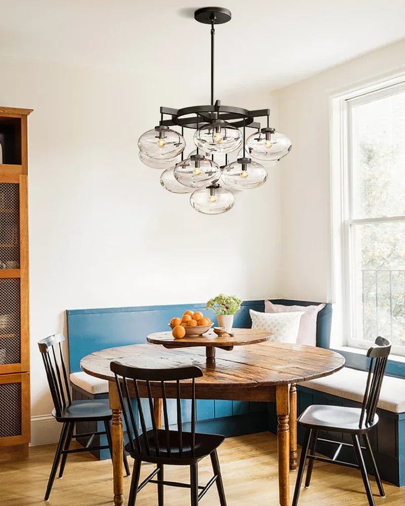 Vence Series Geometric Chandelier | Rectangular Clear Glass Shades with Freeform Cords, Polished Black Canopy for Dining Tables and Kitchen Islands American Vintage chandelier lamp