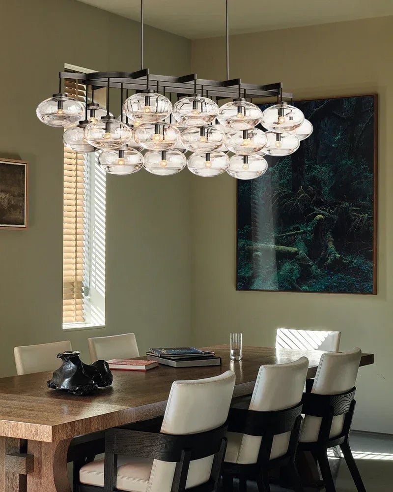 Vence Series Geometric Chandelier | Rectangular Clear Glass Shades with Freeform Cords, Polished Black Canopy for Dining Tables and Kitchen Islands American Vintage chandelier lamp