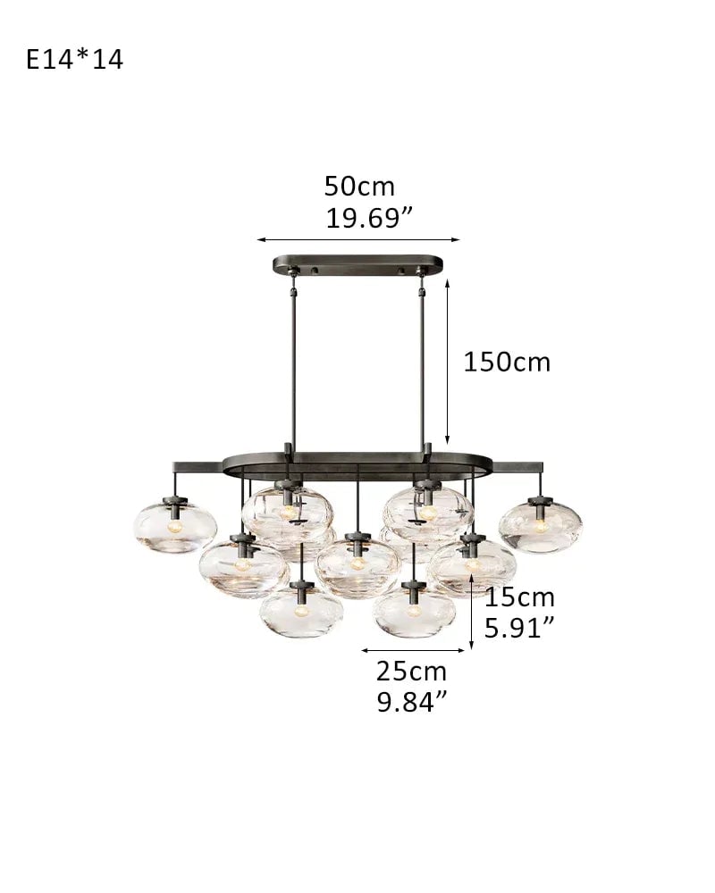 Vence Series Geometric Chandelier | Rectangular Clear Glass Shades with Freeform Cords, Polished Black Canopy for Dining Tables and Kitchen Islands 14-light-L137*W91*H115CM L53.94“W35.83"*H45.28" Black American Vintage chandelier lamp