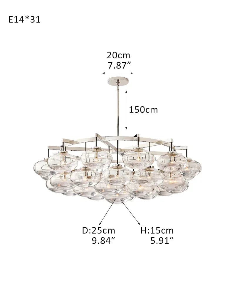 Vence Series Prismatic Chandelier | Round Clear Glass Shades with Freeform Black Cords, Polished canopy with black cord contrast for Living Rooms and Dining Areas 31-light-D152*H115CM D59.84“*H45.28" Silver American Vintage chandelier lamp