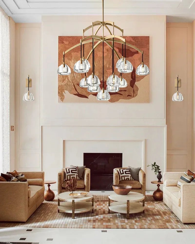 Verbier Series Ethereal Chandelier | Hemisphere Crystal Dome Solid brass frame and lathe-carved solid crystal blocks, Unique Brass finish for Dining Rooms and Grand Foyers American chandelier