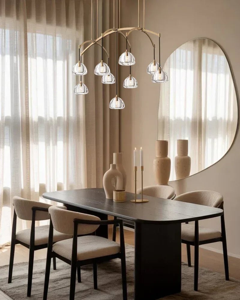 Verbier Series Ethereal Chandelier | Hemisphere Crystal Dome Solid brass frame and lathe-carved solid crystal blocks, Unique Brass finish for Dining Rooms and Grand Foyers American chandelier