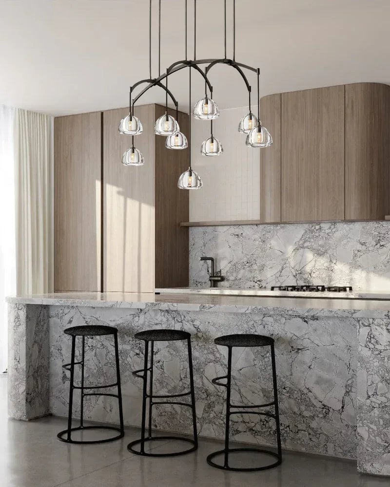 Verbier Series Ethereal Chandelier | Hemisphere Crystal Dome Solid brass frame and lathe-carved solid crystal blocks, Unique Brass finish for Dining Rooms and Grand Foyers American chandelier