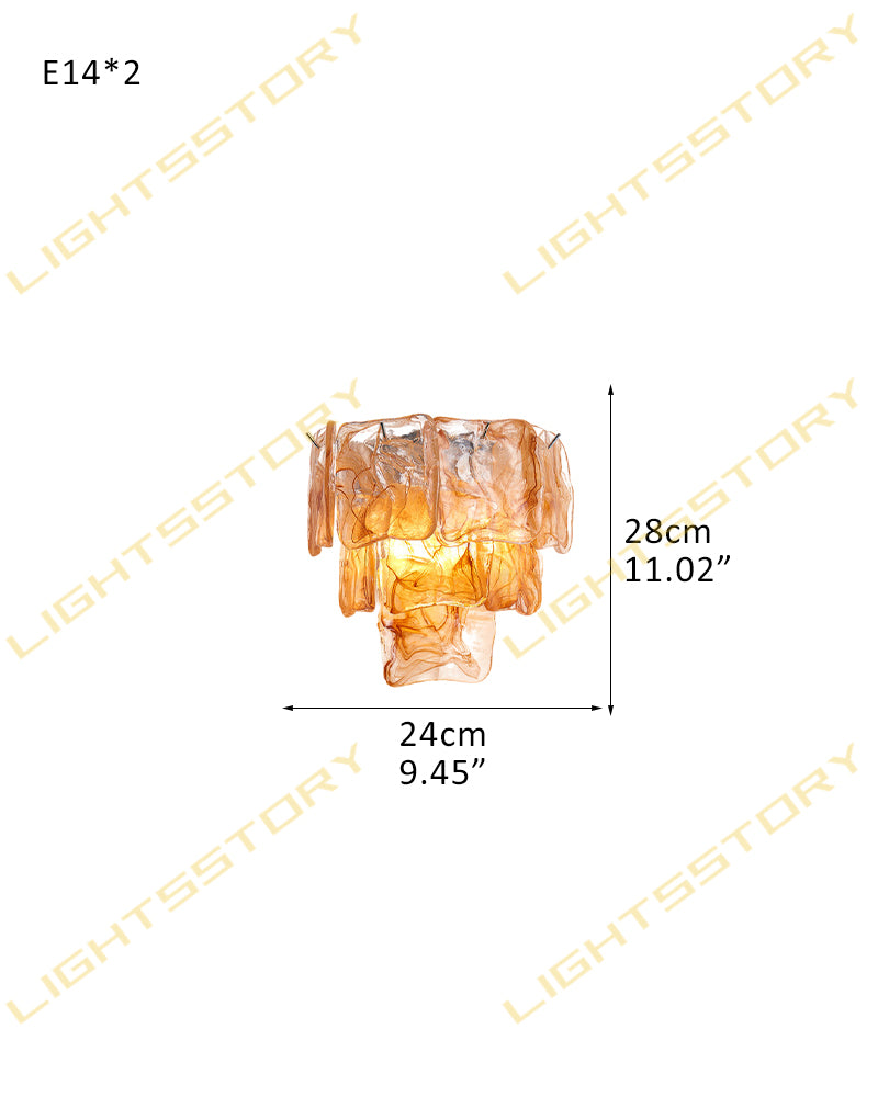 Murano Glass Amber Tiered Ghiaccio Wall Light Sconce - Flush Mount, Lux Brass Trim - Dining Rooms & Living Rooms