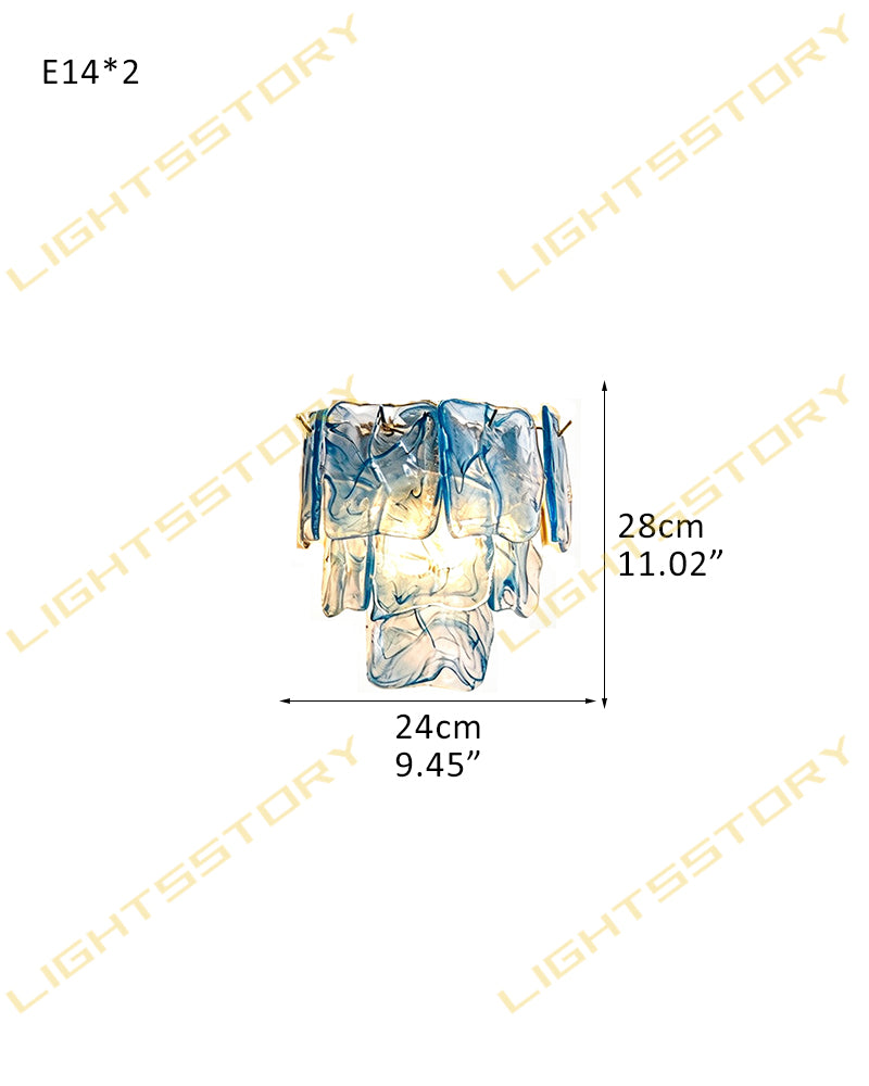 Murano Glass Azure Blue Tiered Ghiaccio Wall Light Sconce - Flush Mount, Lux Brass Trim - Dining Rooms & Living Rooms