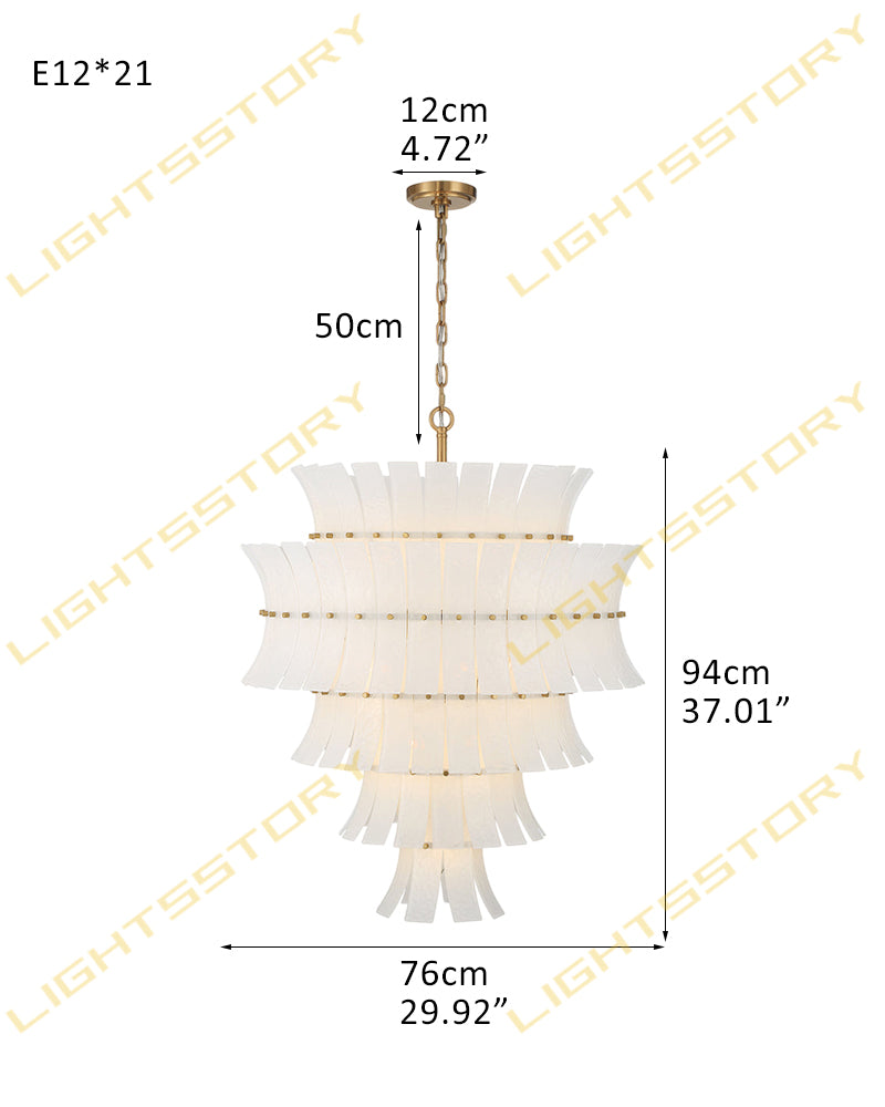 Ghiaccio Glass Ethereal White Multi Tiered Waterfall Chandelier - Heritage Brass Trim - Living Room & Dining Room