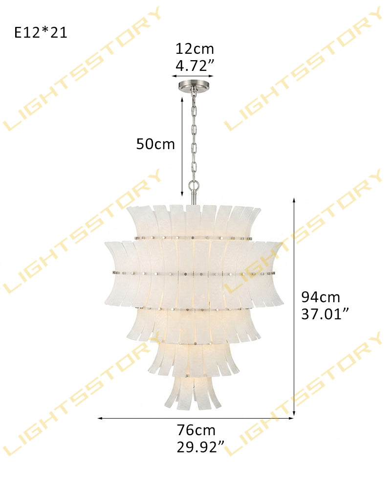 Ghiaccio Glass Ethereal White Multi Tiered Waterfall Chandelier - Heritage Brass Trim - Living Room & Dining Room