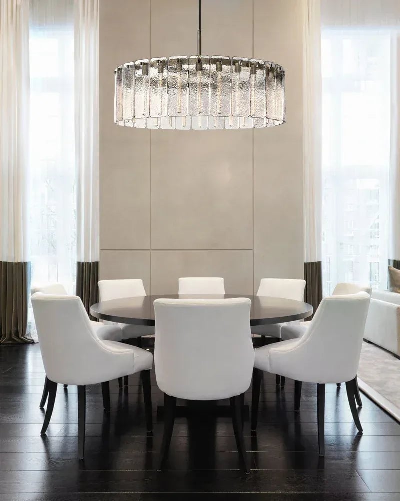Winchester Series Geometric Chandelier | Round Handcrafted Rippled Cast Glass Panels, Lacquered Burnished Brass and Black for Modern Dining Rooms and Living Spaces American chandelier