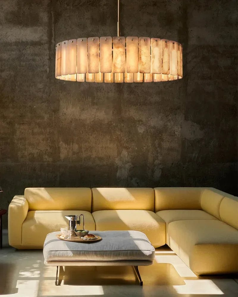 Winchester Series Geometric Chandelier | Round Handcrafted Solid Onyx Panels, Lacquered Burnished Brass for Modern Living Rooms and Dining Areas American chandelier