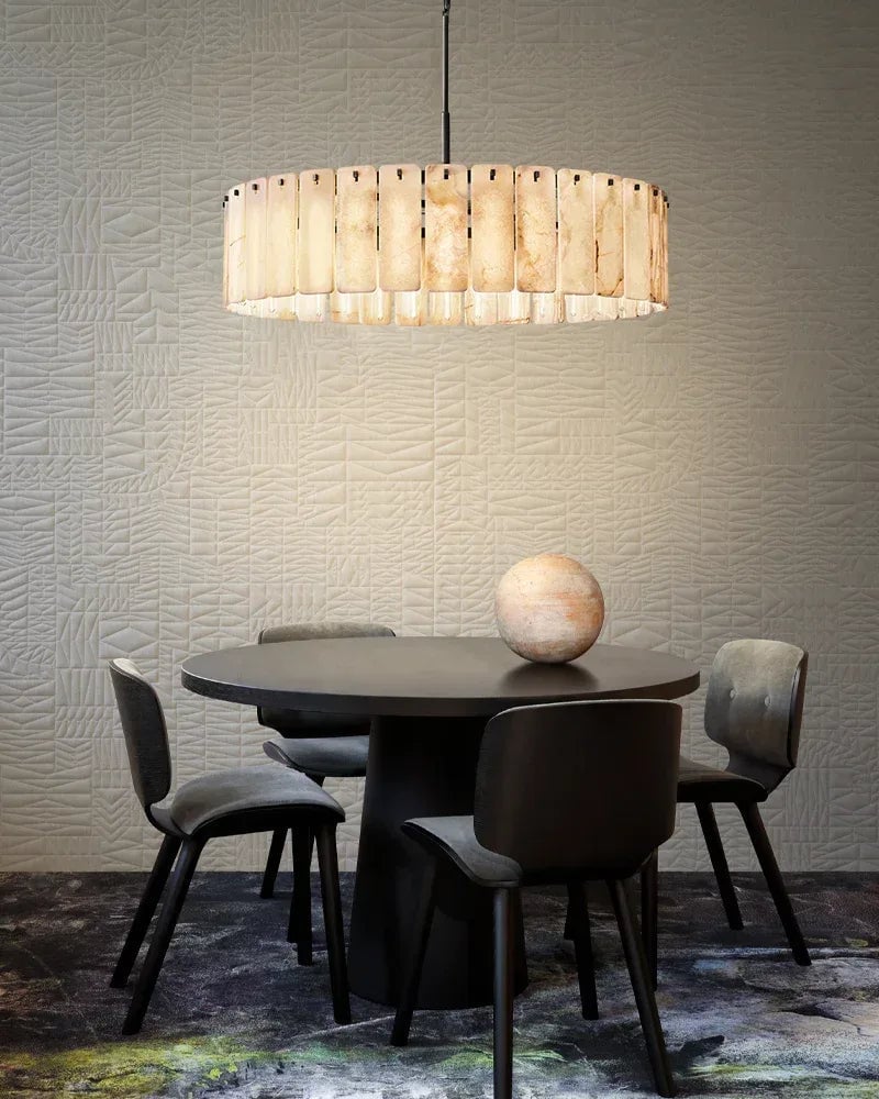 Winchester Series Geometric Chandelier | Round Handcrafted Solid Onyx Panels, Lacquered Burnished Brass for Modern Living Rooms and Dining Areas American chandelier