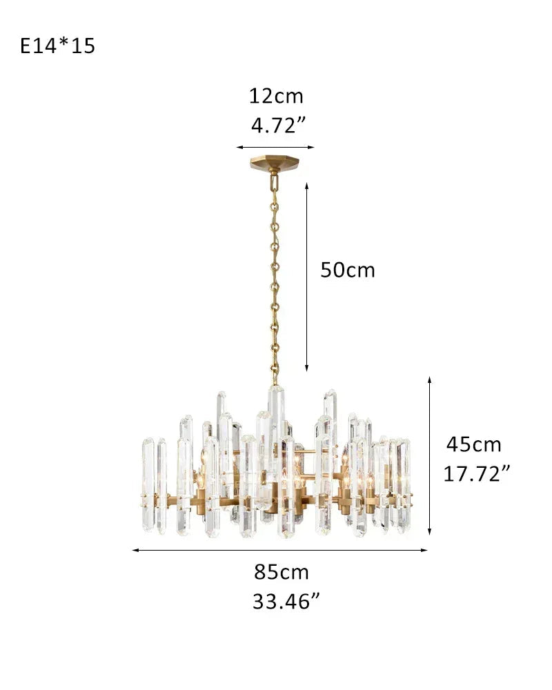 Zermatt Series Grand Chandelier | Round Candle Solid brass frame with premium K9 crystals, Copper finish for Grand Foyers and Dining Rooms D85*H45CM D33.46“*H17.72" Brass American chandelier
